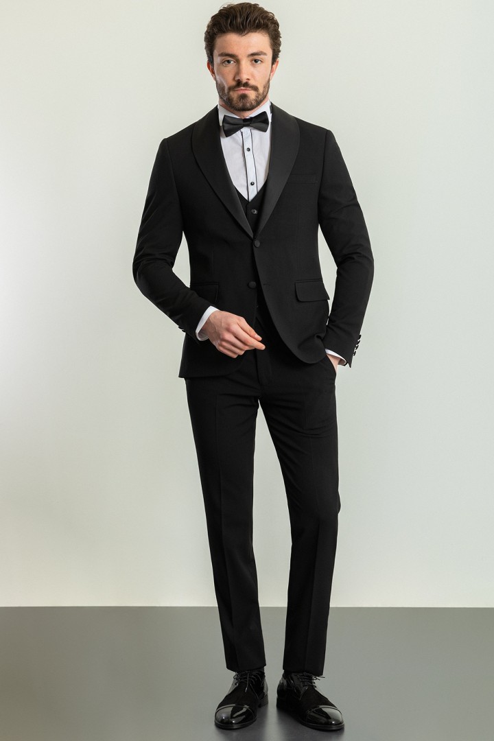 Black Color Shawl Collar Classic Wool Men's Tuxedo