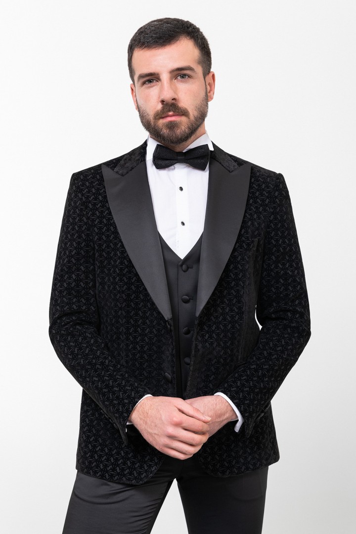 Black Color Figured Design With Satin Fabric Classic Men's Tuxedo