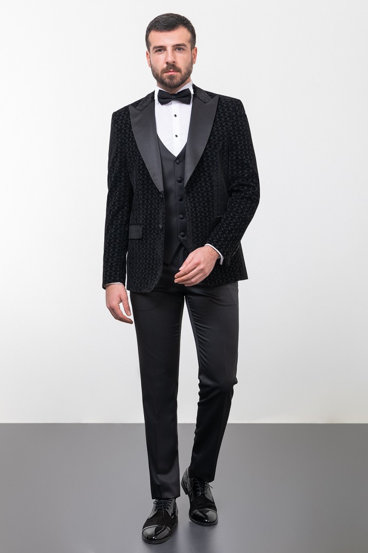Black Color Figured Design With Satin Fabric Classic Men's Tuxedo