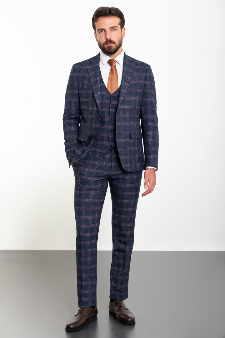 Dark Blue Color Check Patterned Design Classic Wool Men's Suit