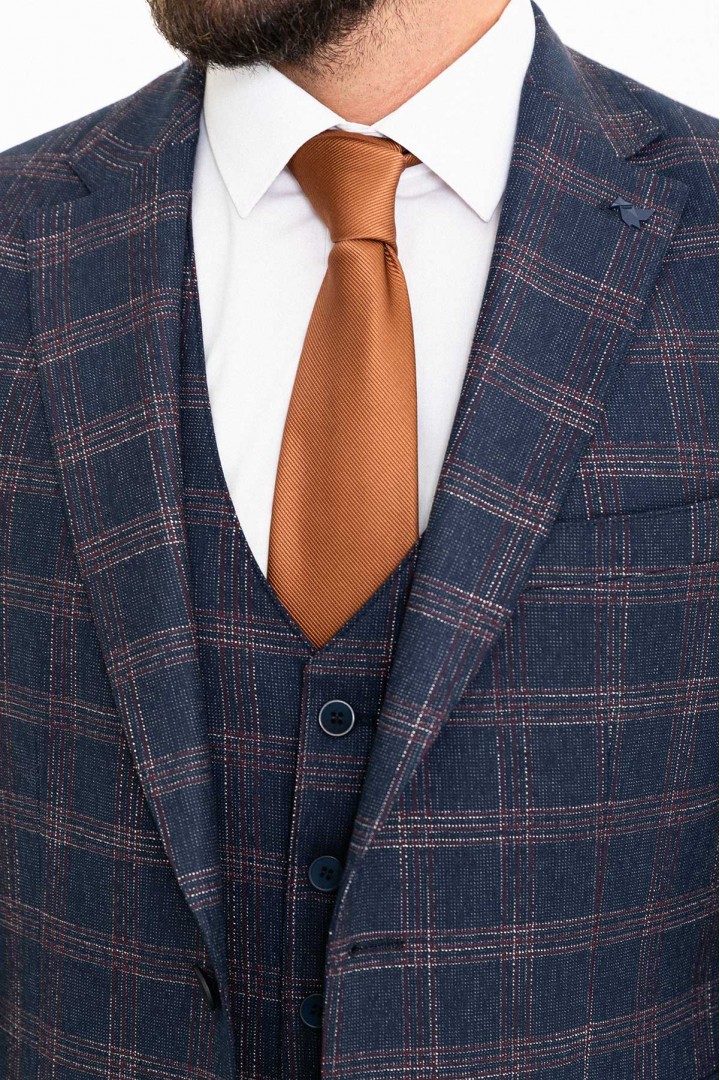 Dark Blue Color Check Patterned Design Classic Wool Men's Suit