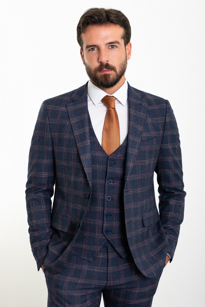 Dark Blue Color Check Patterned Design Classic Wool Men's Suit