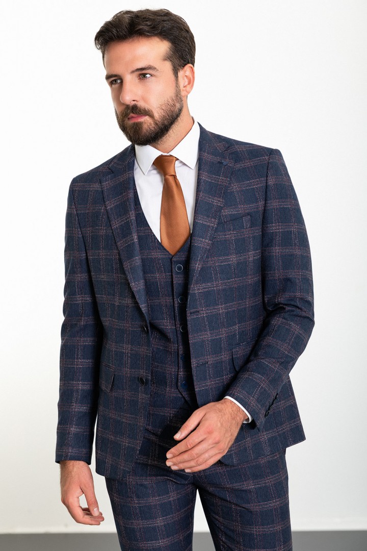 Dark Blue Color Check Patterned Design Classic Wool Men's Suit