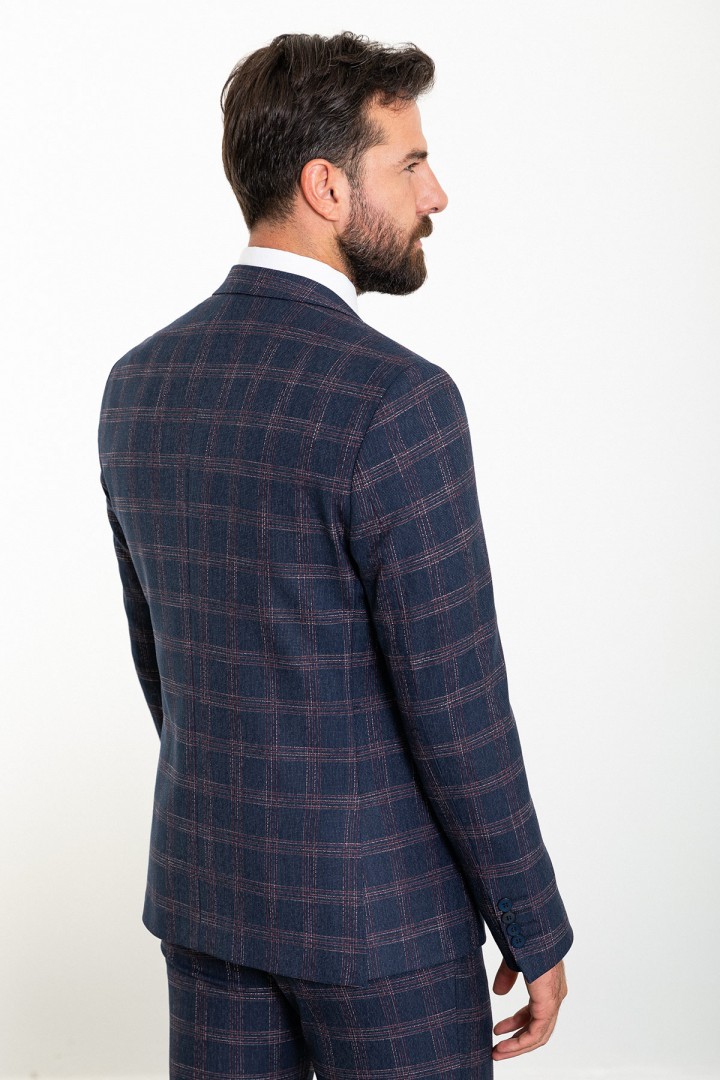 Dark Blue Color Check Patterned Design Classic Wool Men's Suit
