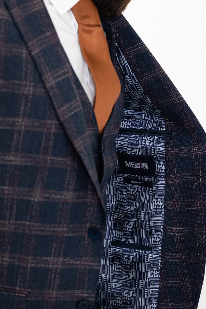 Dark Blue Color Check Patterned Design Classic Wool Men's Suit