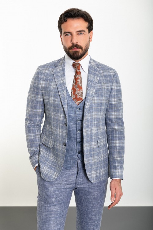 Dark Blue And Beige Color Check Patterned Design Casual Linen Men's Suit