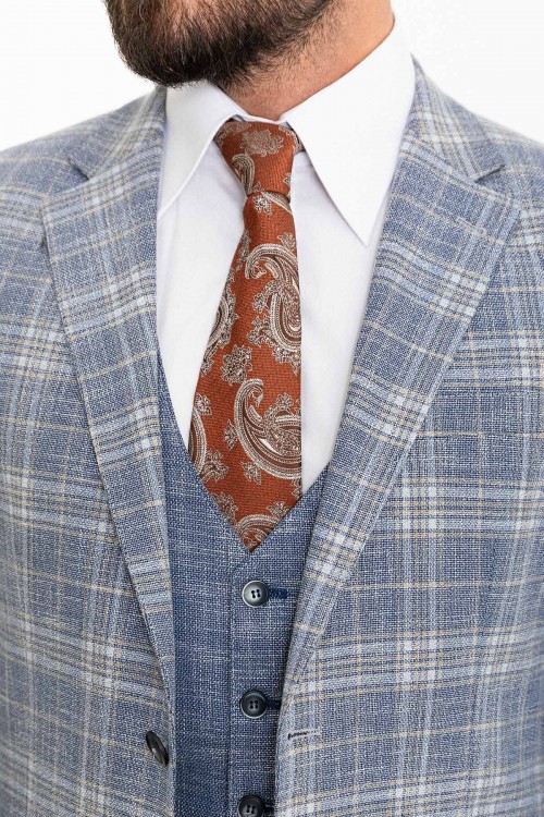 Dark Blue And Beige Color Check Patterned Design Casual Linen Men's Suit