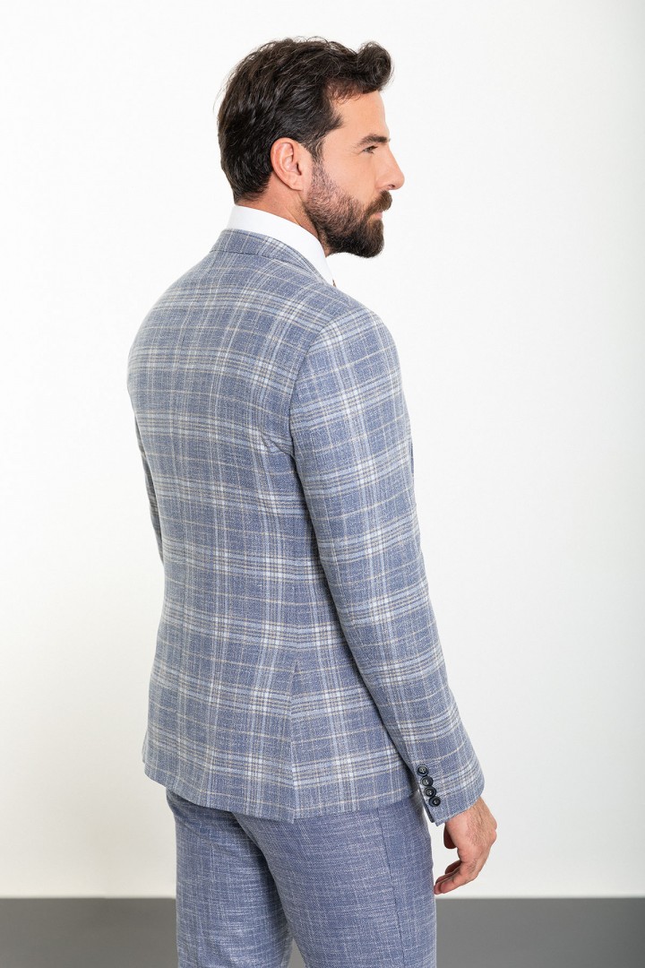 Dark Blue And Beige Color Check Patterned Design Casual Linen Men's Suit