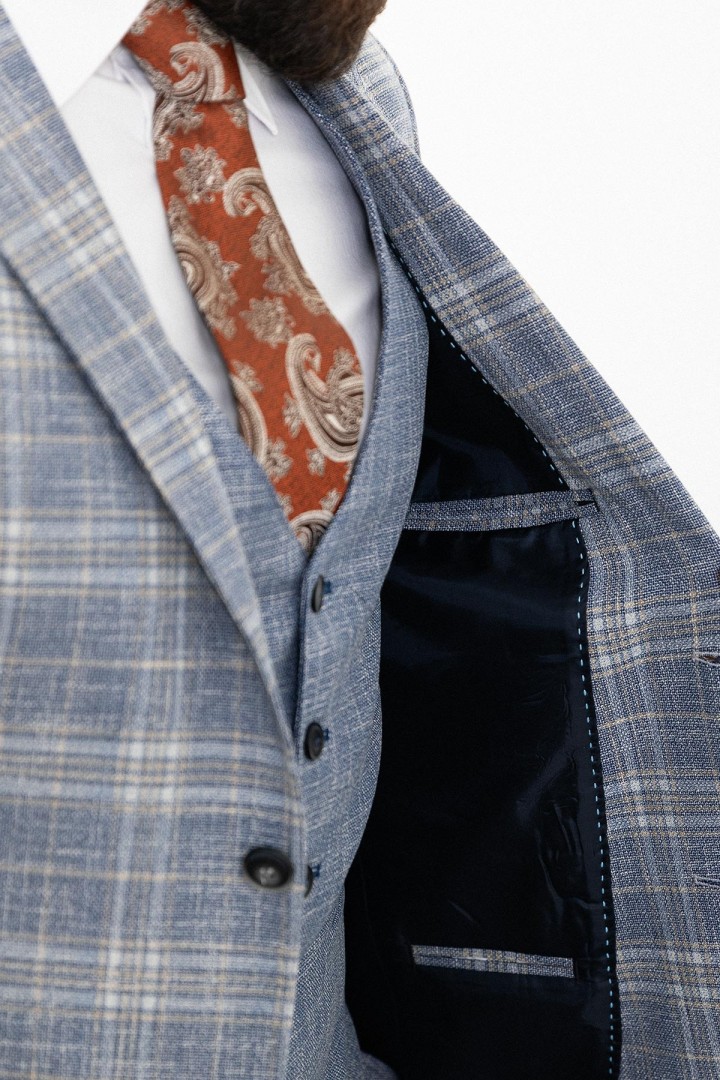 Dark Blue And Beige Color Check Patterned Design Casual Linen Men's Suit