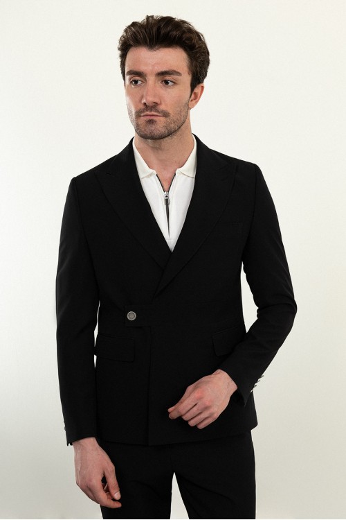 Black Color Casual Buckle Men's Blazer