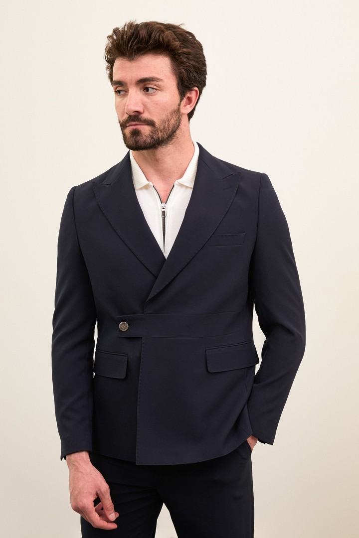 Dark Blue Color Casual Buckle Men's Blazer