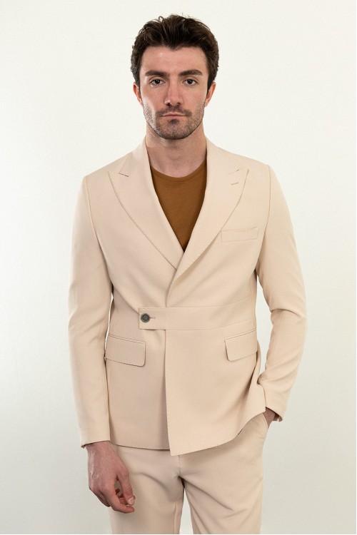 Beige Color Casual Buckle Men's Blazer