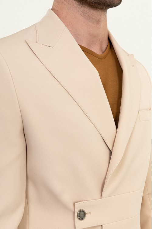 Beige Color Casual Buckle Men's Blazer