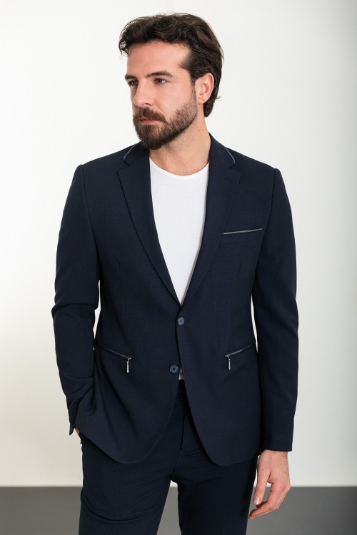 Dark Blue Color Zippered Design Casual Men's Suit
