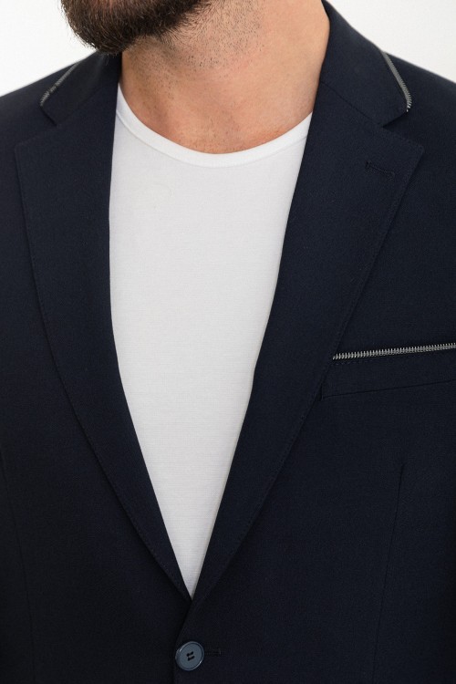 Dark Blue Color Zippered Design Casual Men's Suit