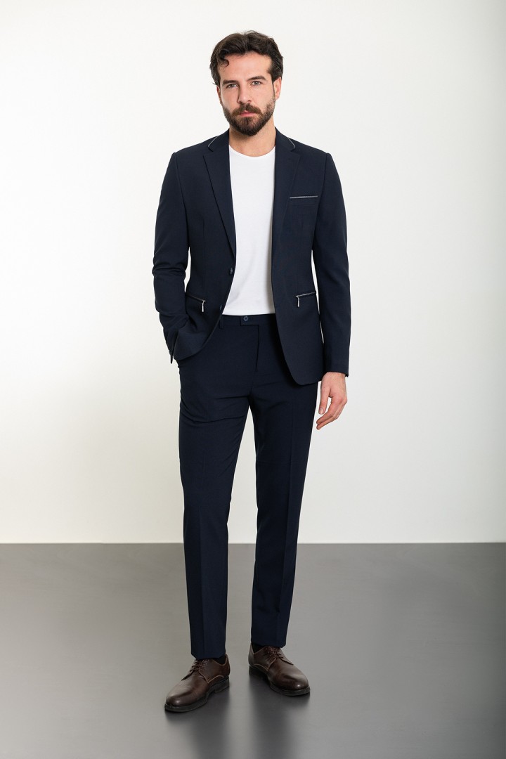 Dark Blue Color Zippered Design Casual Men's Suit