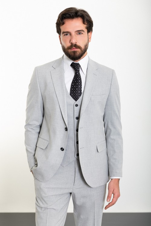 Grey Color Classic Three Pieces Cotton Men's Suit