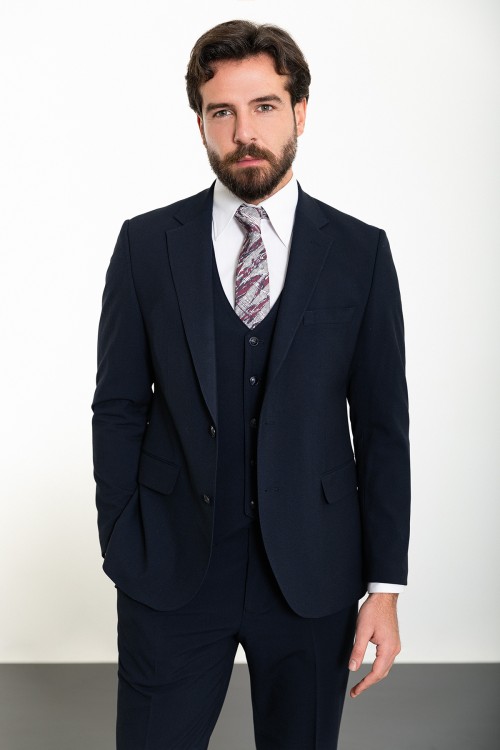 Dark Blue Color Classic Three Pieces Cotton Men's Suit