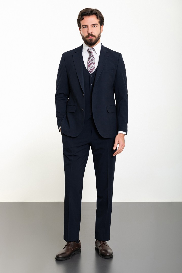 Dark Blue Color Classic Three Pieces Cotton Men's Suit