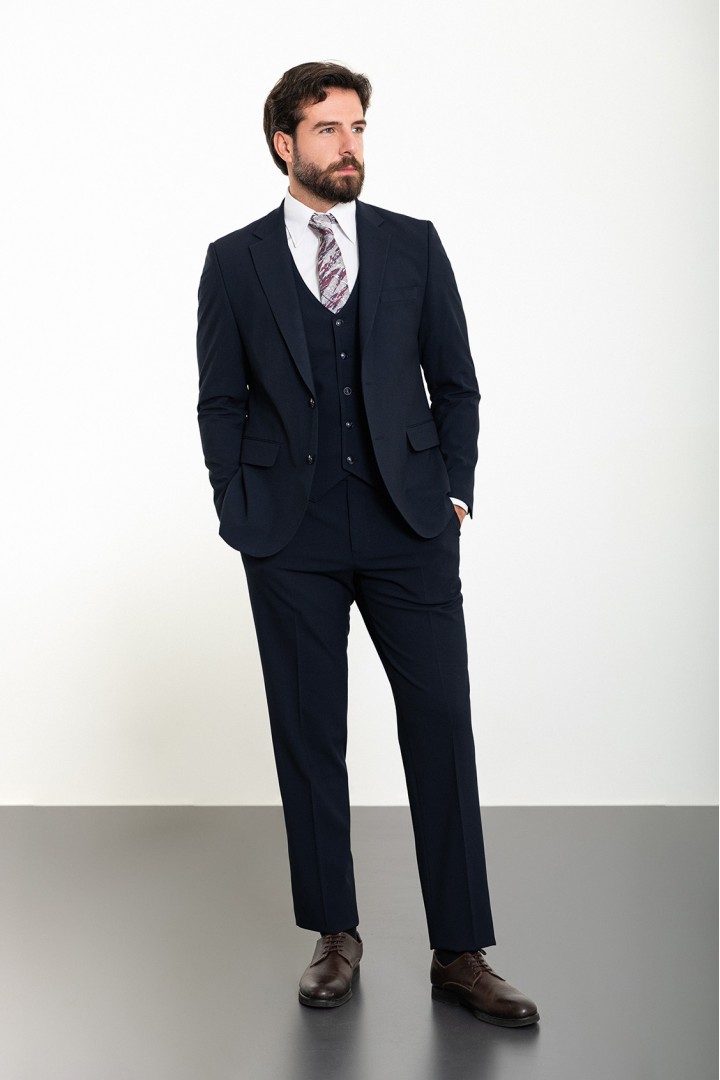 Dark Blue Color Classic Three Pieces Cotton Men's Suit