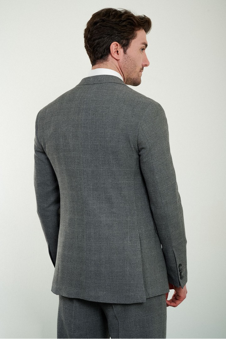 Grey Color Check Patterned Design Classic Men's Suit