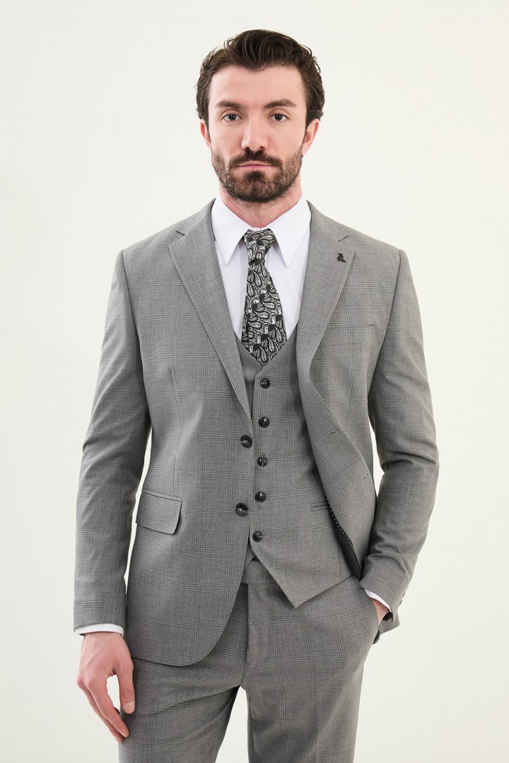 Grey Color Check Pattern Classic Men's Suit