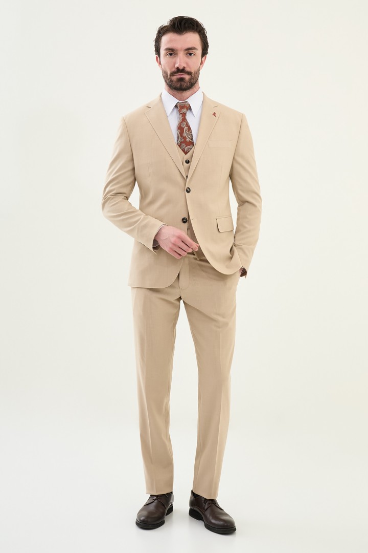 Beige Color Check Pattern Classic Men's Suit