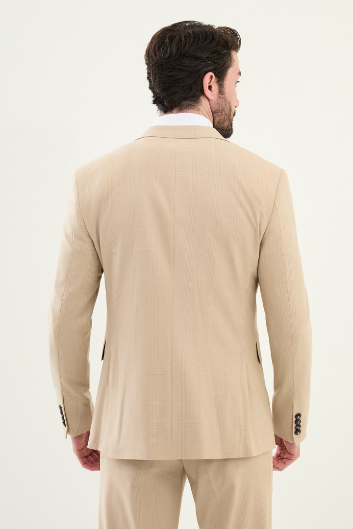 Beige Color Check Pattern Classic Men's Suit