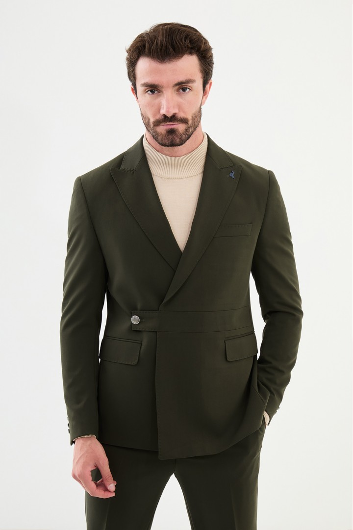 Khaki Color Fabric Belted Design Smart Casual Men's Suit