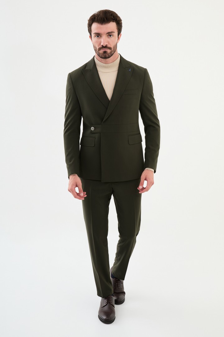 Khaki Color Fabric Belted Design Smart Casual Men's Suit