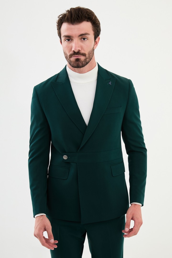 Emerald Color Fabric Belted Design Smart Casual Men's Suit