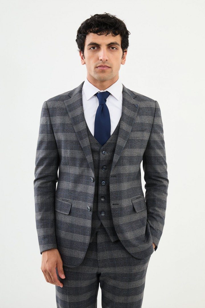Dark Blue Color Check Pattern Design Classic Men's Suit