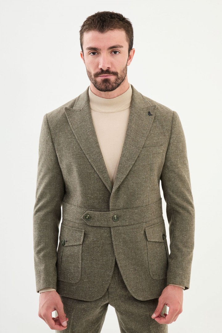 Khaki Color Casual Wool Men's Belted Suit