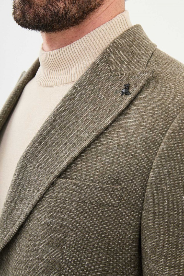 Khaki Color Casual Wool Men's Belted Suit