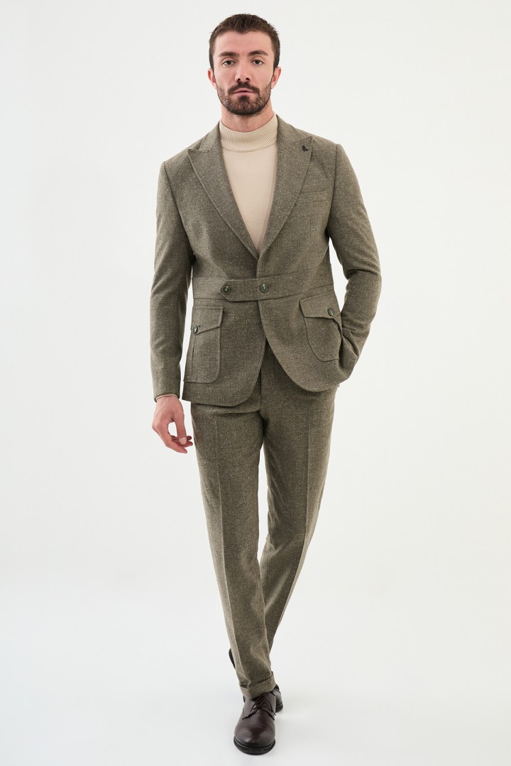 Khaki Color Casual Wool Men's Belted Suit