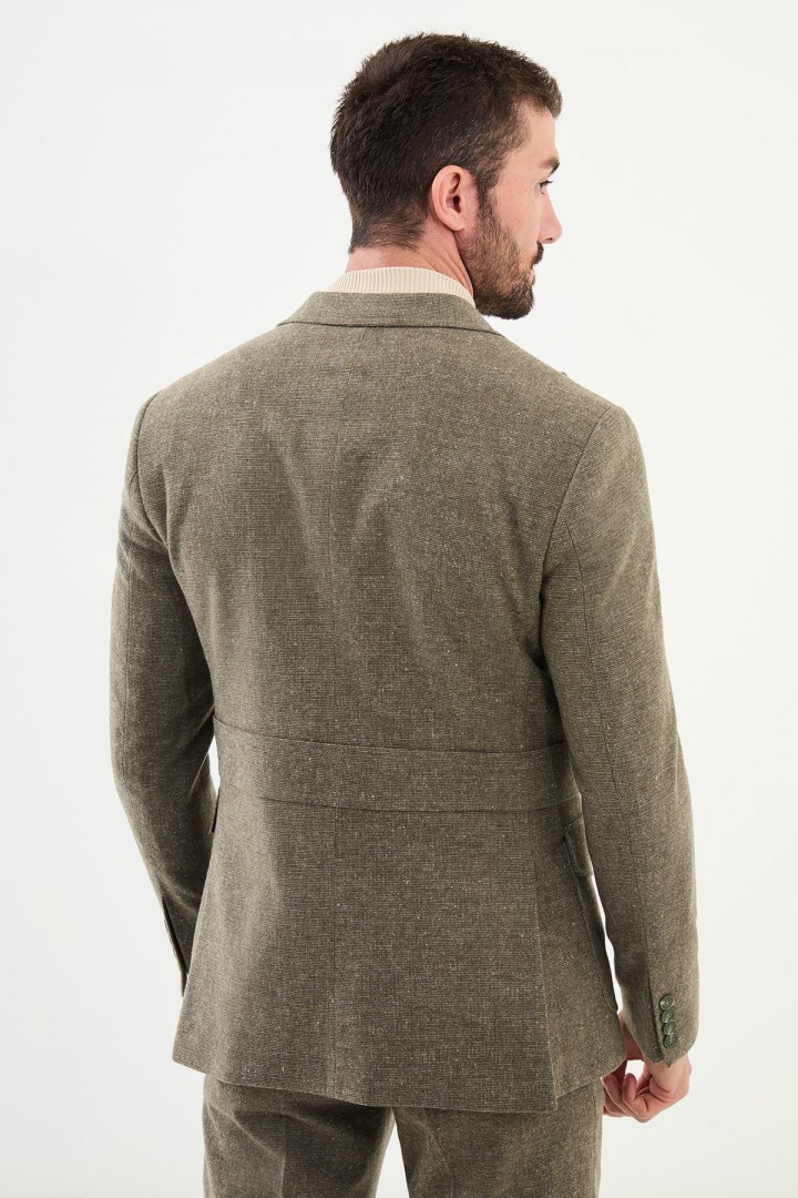 Khaki Color Casual Wool Men's Belted Suit