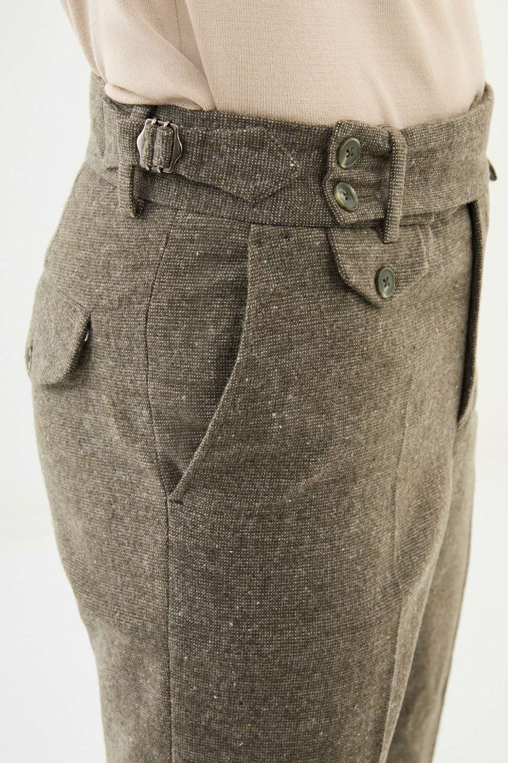 Khaki Color Casual Wool Men's Belted Suit