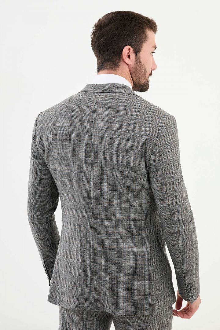 Grey Color Check Patterned Design Classic Men's Suit