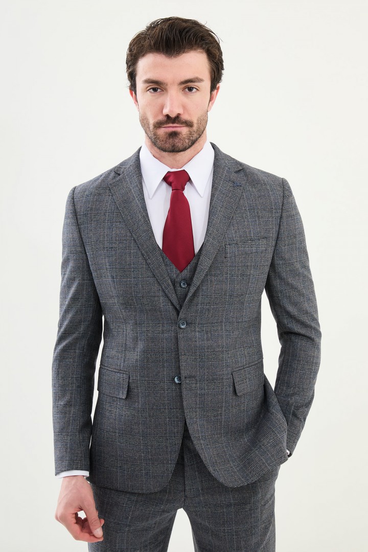 Dark Blue Color Check Pattern Design Classic Men's Suit