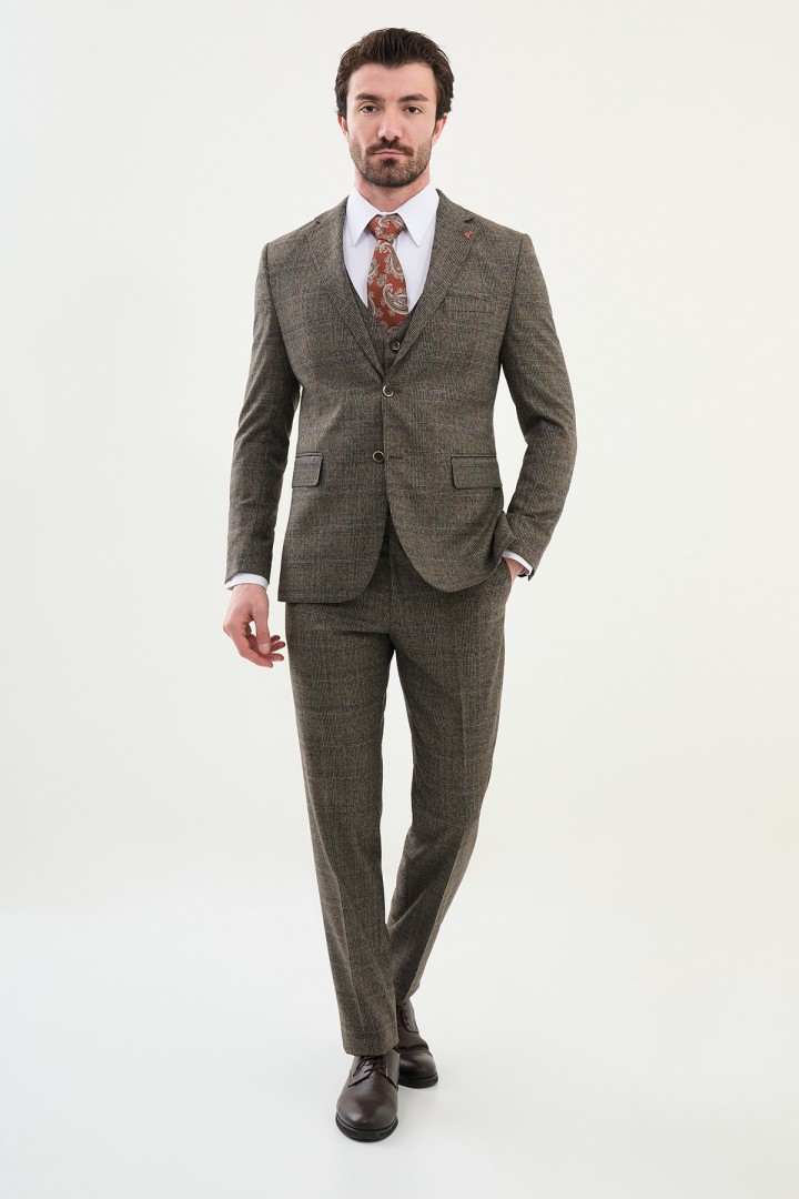 Beige Color Check Pattern Design Classic Men's Suit