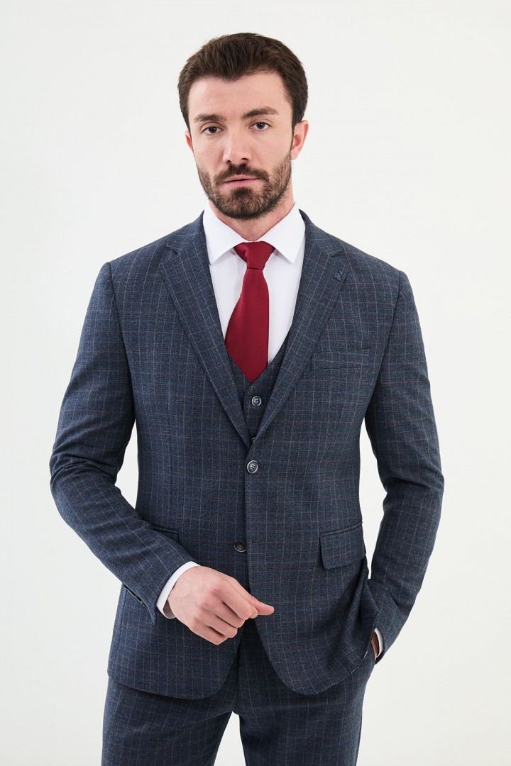 Dark Blue Color Classic Check Pattern Men's Suit