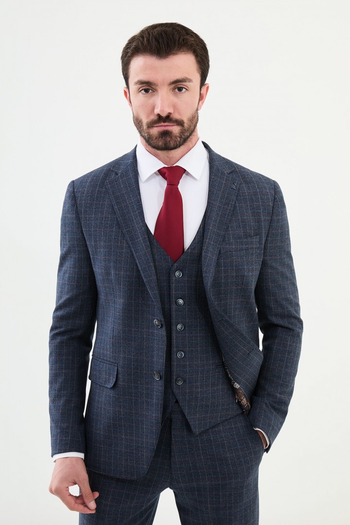 Dark Blue Color Classic Check Pattern Men's Suit