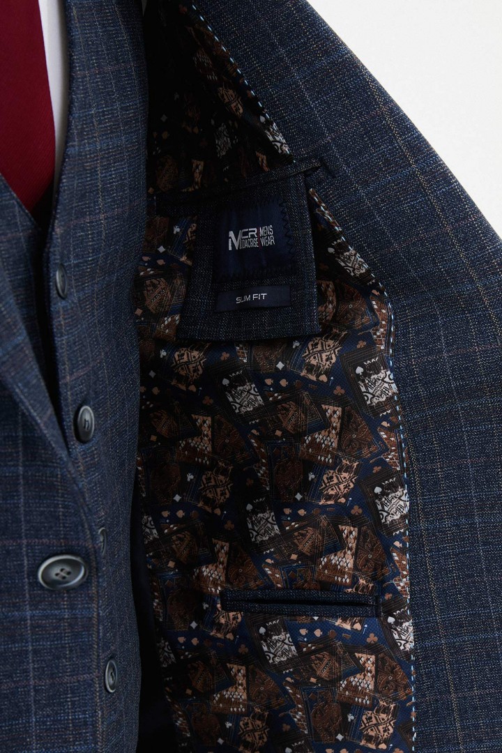 Dark Blue Color Classic Check Pattern Men's Suit