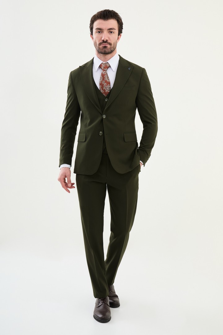 Khaki Color Classic Wool Men's Suit