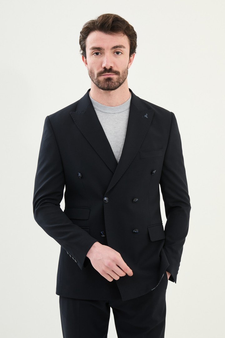 Dark Blue Color Double Breasted Wool Men's Suit
