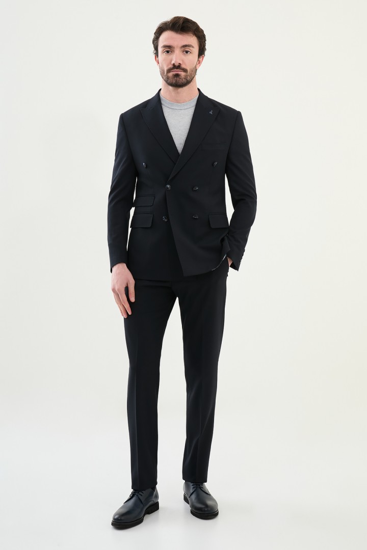 Dark Blue Color Double Breasted Wool Men's Suit