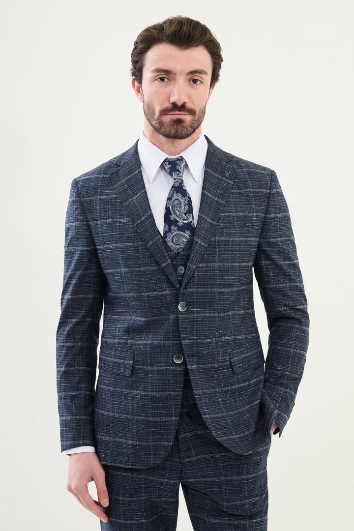 Dark Blue Color Double Breasted Wool Men's Suit
