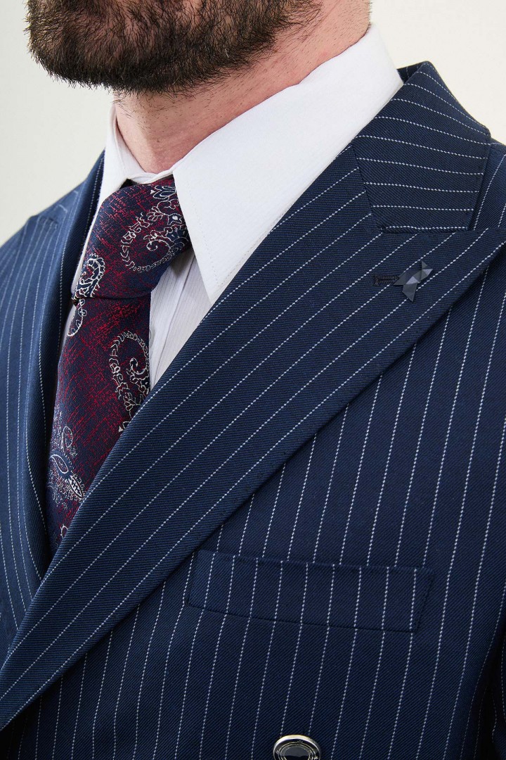 Dark Blue Color Classic Striped Double Breasted Men's Suit