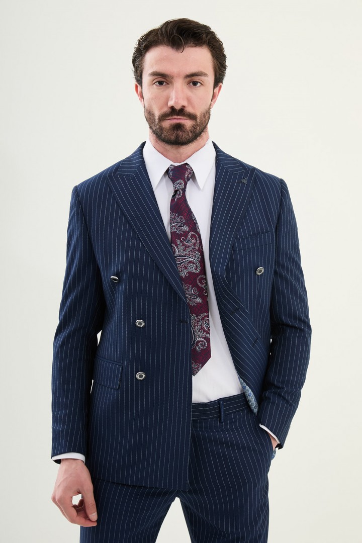 Dark Blue Color Classic Striped Double Breasted Men's Suit