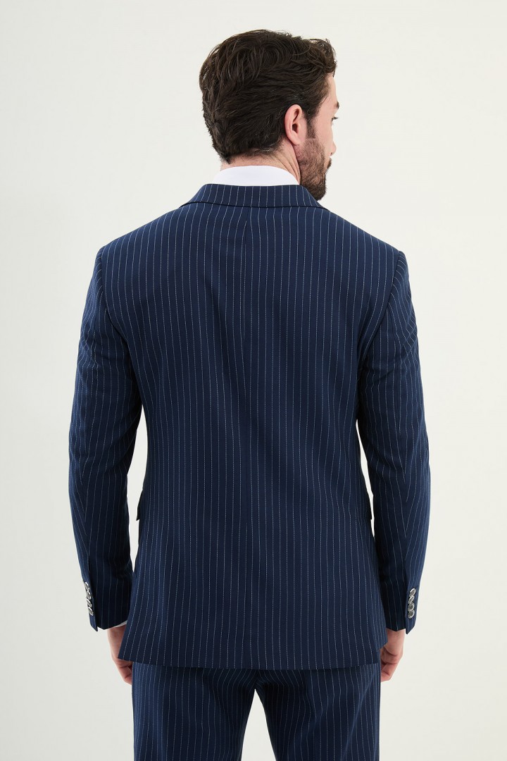 Dark Blue Color Classic Striped Double Breasted Men's Suit